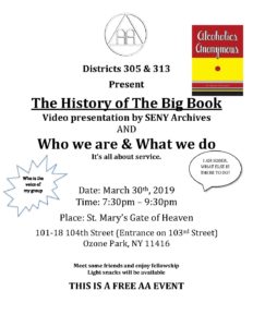Districts 305 & 313 presents - The History of The Big Book & Who We Are & What We Do @ St. Mary's Gate of Heaven | New York | United States