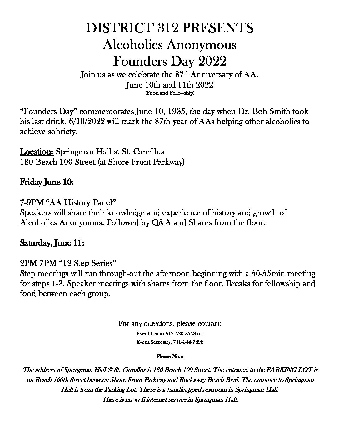 District 312 presents - Founders Day 2022 (2 separate day event) @ Springman Hall @ St. Camillus