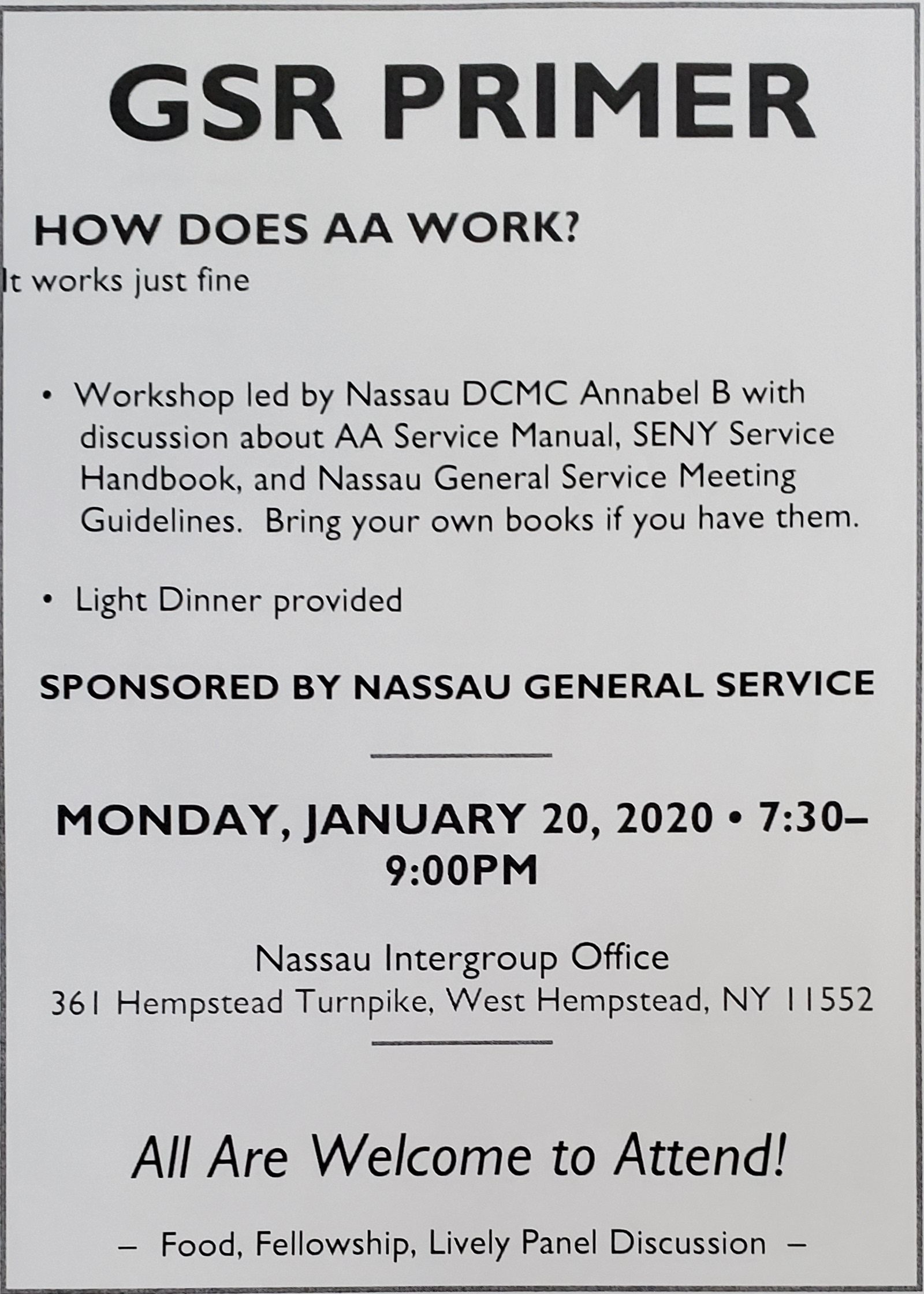 GSR Primer @ Nassau Intergroup Office, 361 Hempstad Turnpike, West Hempstead, NY 11552