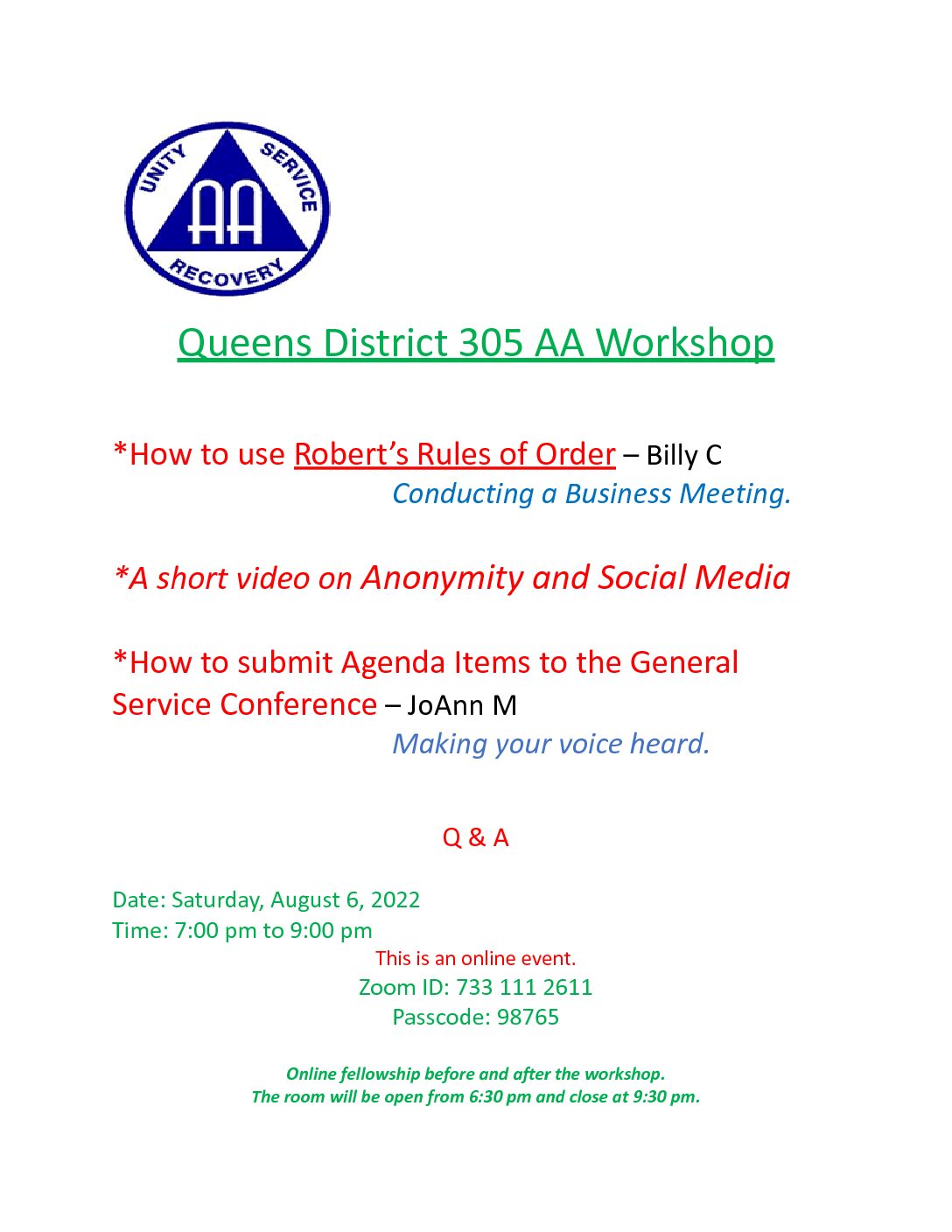 District 305 AA Workshop @ Virtual Platform
