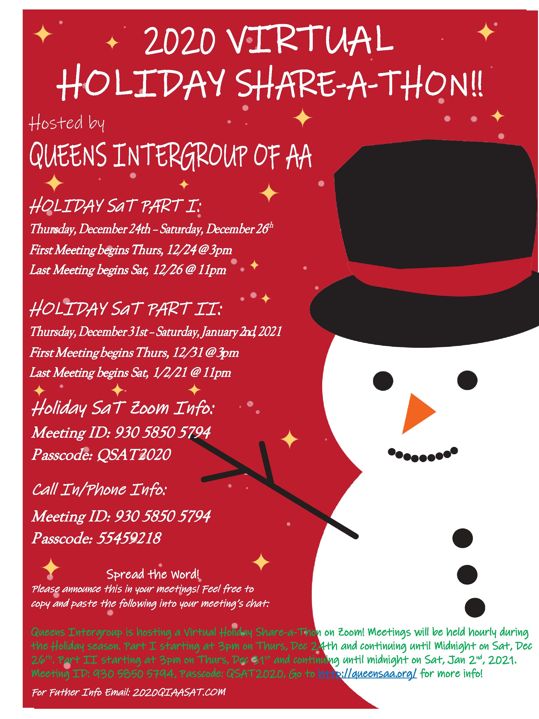 Queens Intergroup 1st Virtual Holiday Share-A-Thon (PART I) @ Zoom | New York | United States