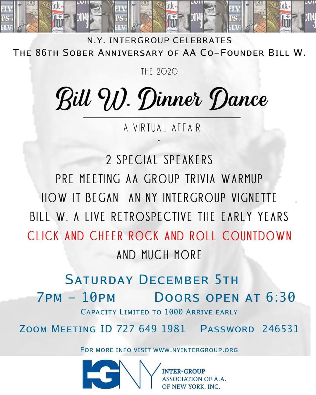 The 86th Annual Bill W Dinner & Dance: A Virtual Affair @ ZOOM